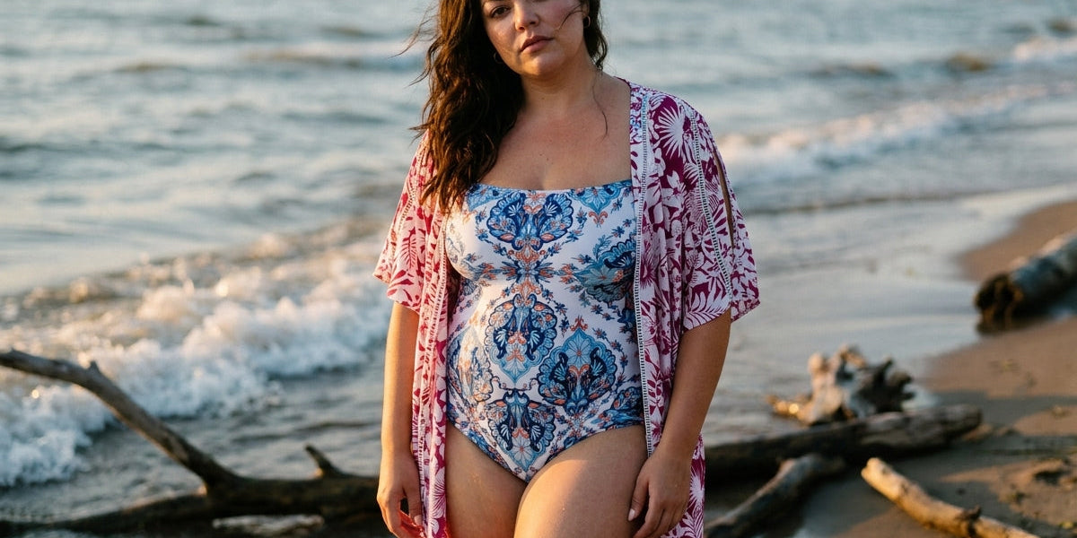 A woman stands on a beach wearing a blue and white patterned one-piece swimsuit with a pink and white floral kimono cover-up, with ocean waves and driftwood in the background.