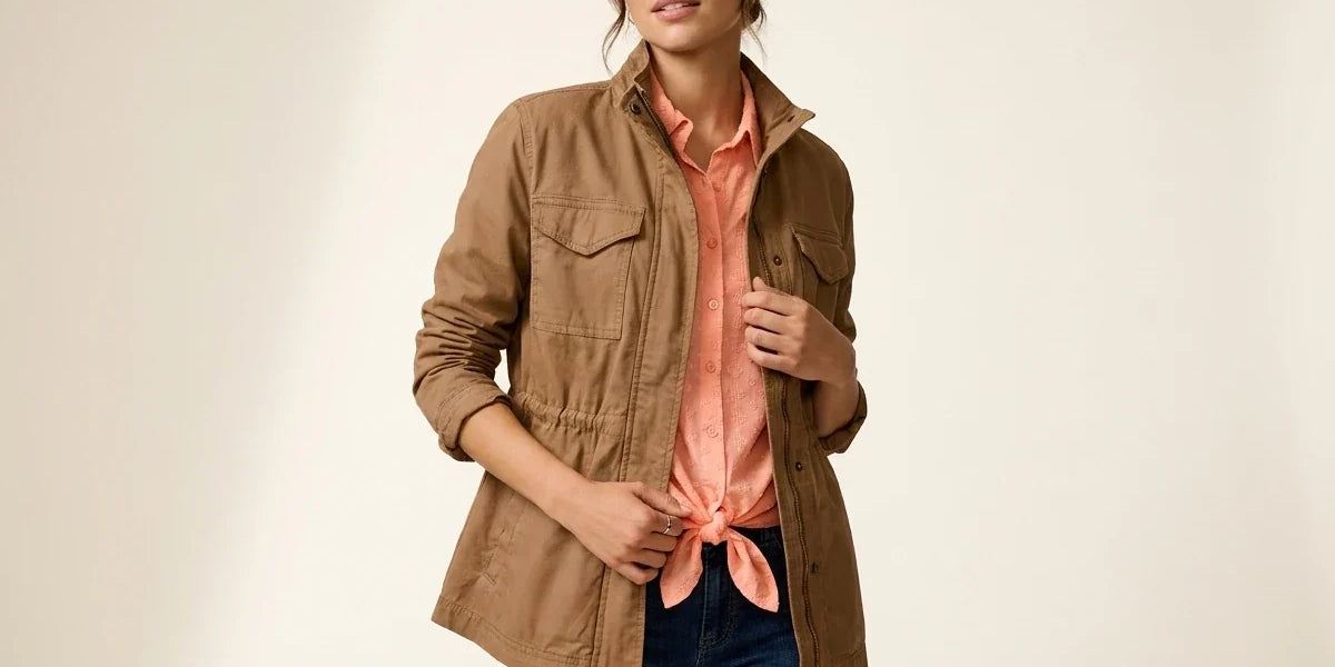 Brunette woman modeling a camel brown utility jacket with flap pockets over a peach tie-front button-down shirt and blue jeans.