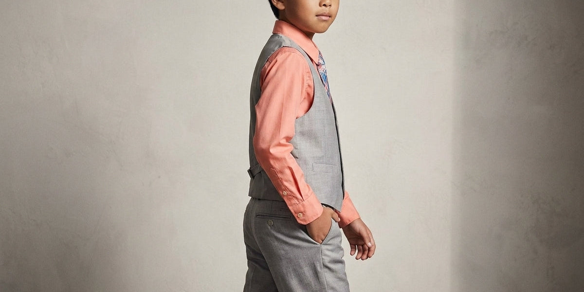 A young boy wearing a gray vest and matching gray trousers over a coral pink long-sleeve shirt, standing against a textured gray wall.