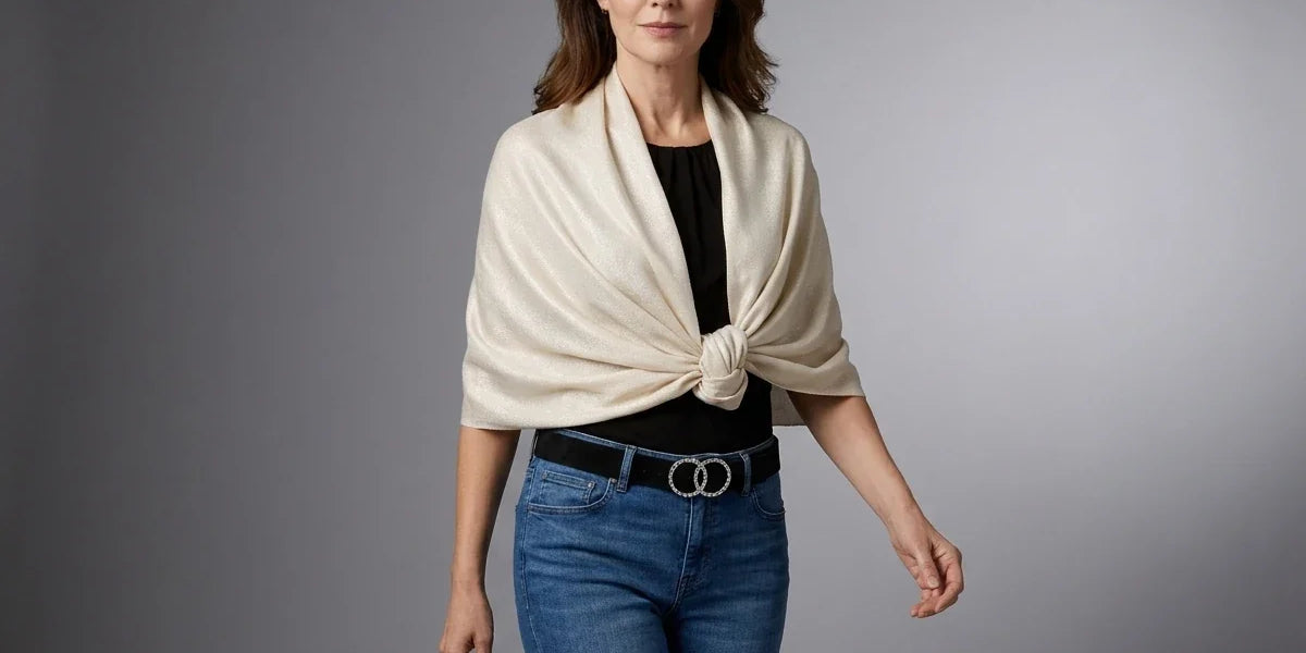 Woman wearing an ivory metallic shawl knotted at the front, paired with a black top, rhinestone double-ring belt, and blue jeans.