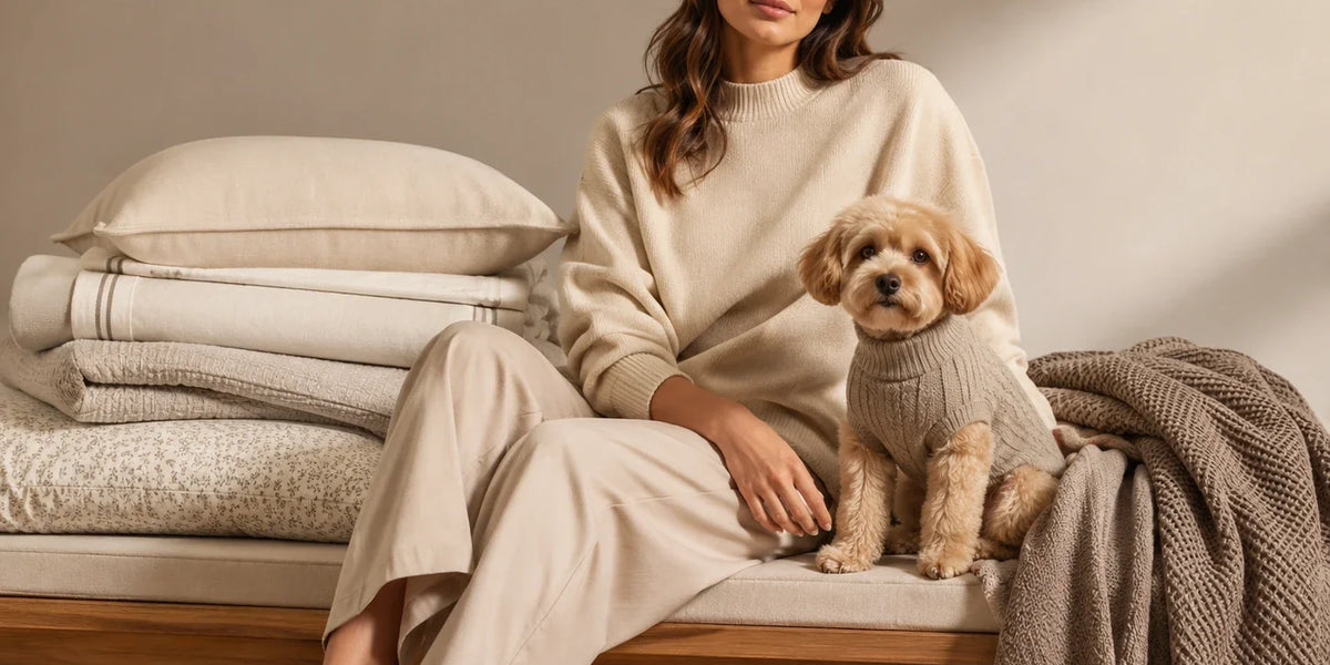 A woman and her small dog sit on a bed in a warm, neutral-toned bedroom. The woman wears a cream knit sweater and matching pants, and the dog wears a matching cream knit sweater.