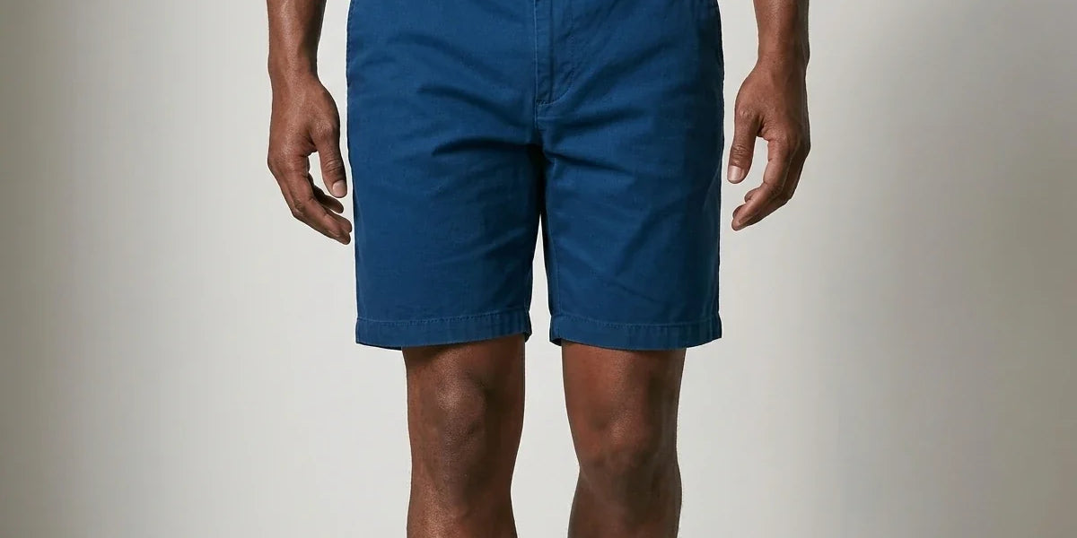 Front view of a man wearing classic teal blue chino shorts with a woven belt and white t-shirt.