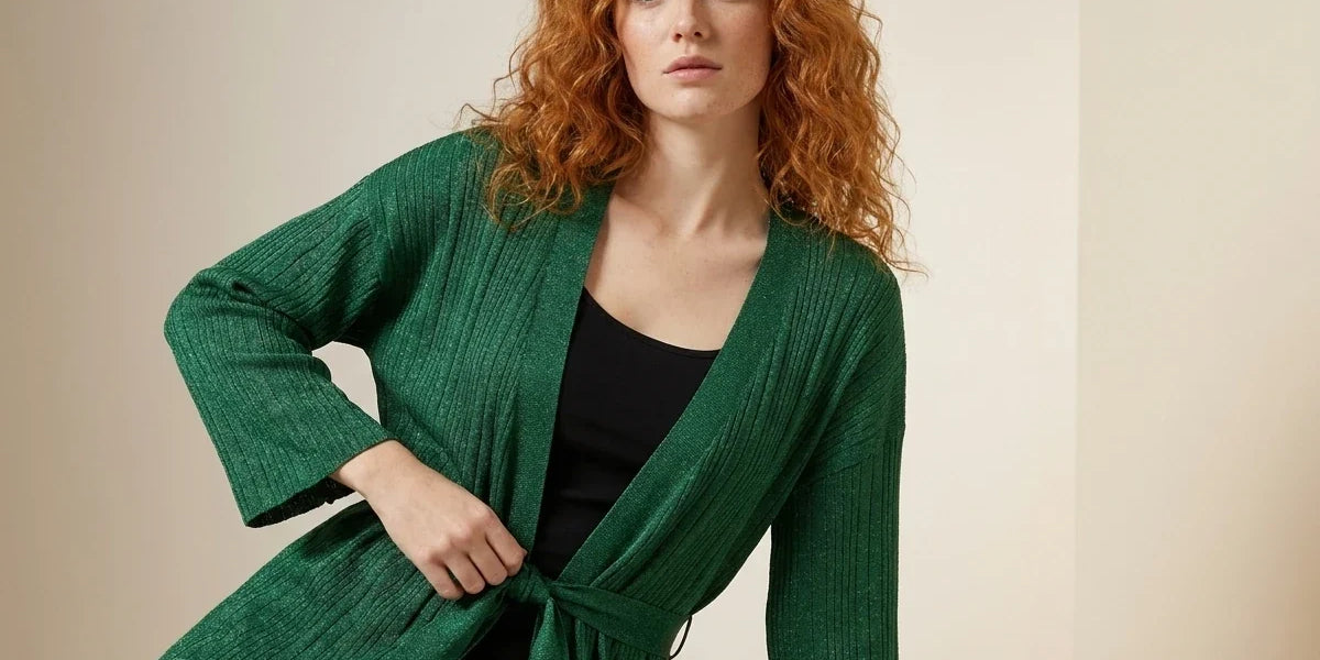 Red-haired woman modeling an emerald green ribbed knit belted cardigan sweater over a black top in a studio setting.