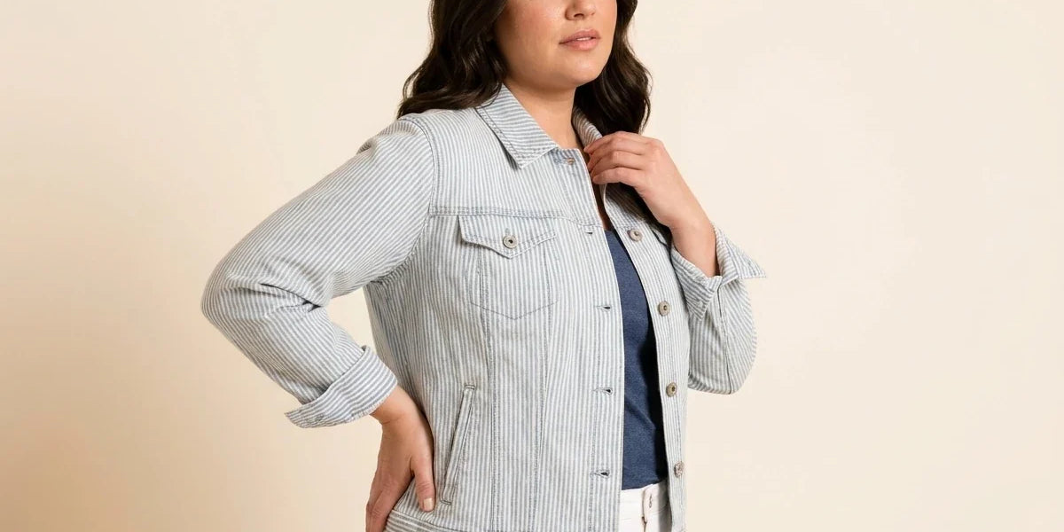 Brunette woman modeling a plus-size light blue and white vertical pinstripe denim trucker jacket over a navy top and white pants.