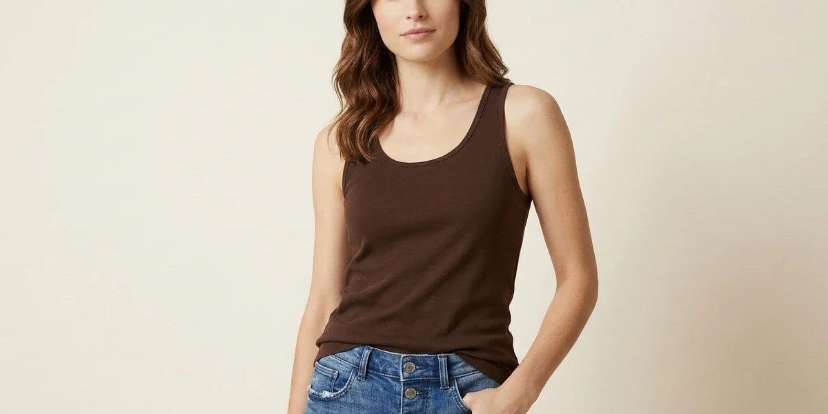 Brunette woman modeling a chocolate brown scoop neck tank top paired with high-waisted button-fly blue jeans.