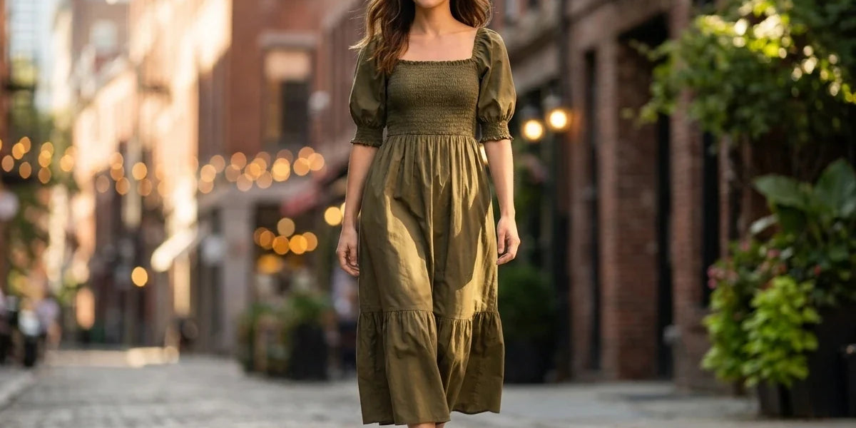 Smiling brunette woman walking down a cobblestone street wearing an olive green puff-sleeve smocked midi dress and tan ankle-strap heels.