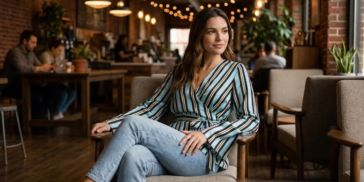 Brunette woman wearing a blue and black striped wrap blouse, light-wash jeans, and brown leather ankle boots sitting in an armchair at a warm cafe.