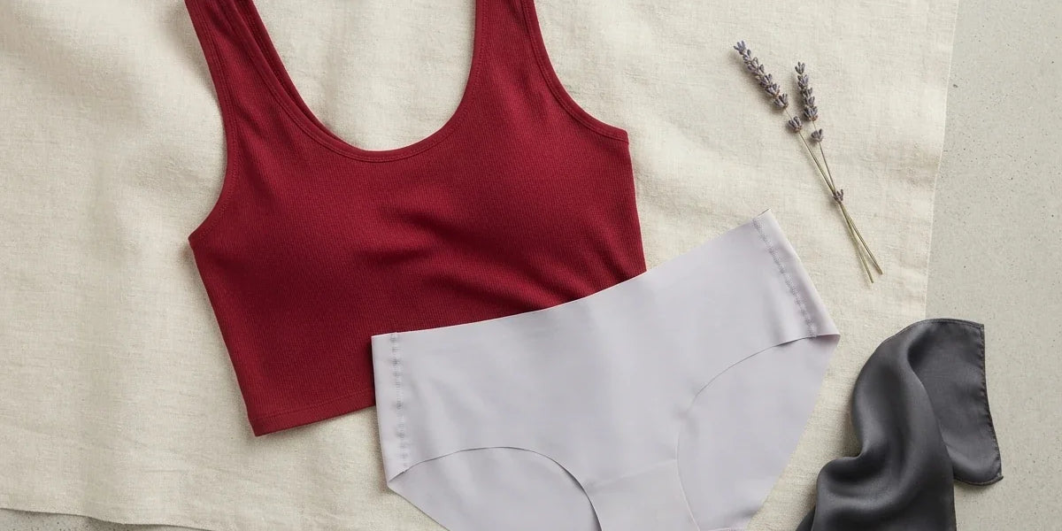 A flat-lay of shapewear pieces on a light beige fabric background: a sleeveless scoop-neck top in deep red, high-waisted briefs in pale gray, and a matching shapewear panel in dark charcoal gray, styled with dried lavender sprigs.