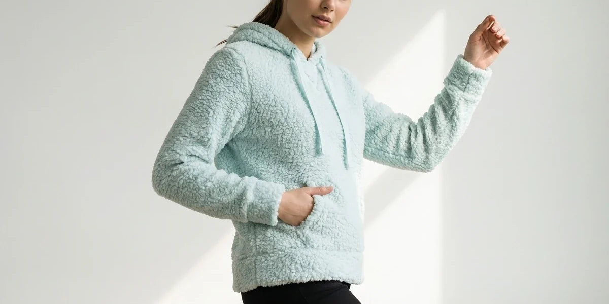 A woman modeling a light mint green sherpa fleece hoodie with black pants, posing against a white studio background with soft diagonal shadows.