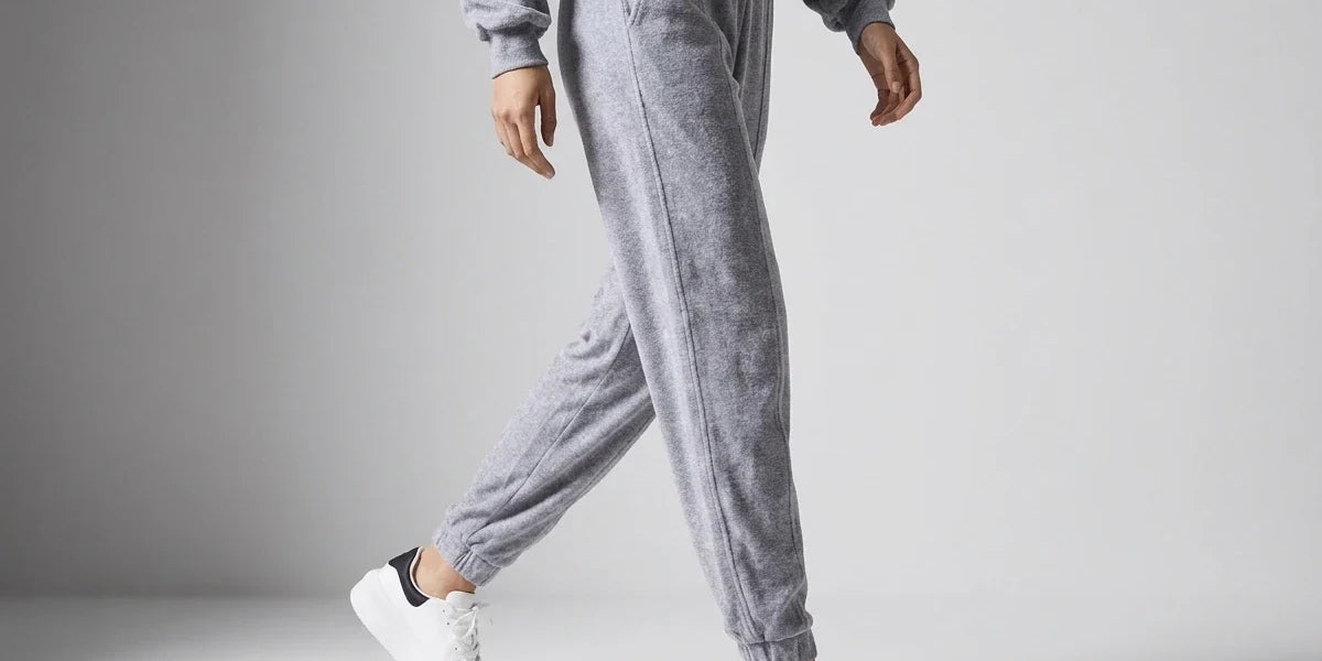 A person wearing gray heather jogger sweatpants and a matching gray sweatshirt, paired with white sneakers, shown from the waist down against a light gray studio background.