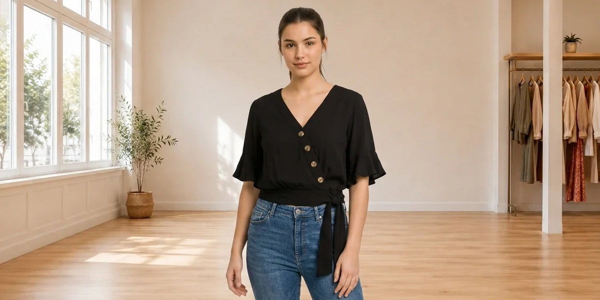 Model wearing Teen Large Shirts and Blouses Teen Solid Button Wrap Blouse (Young Women's Fit) in Online Warehouse Sale boutique studio