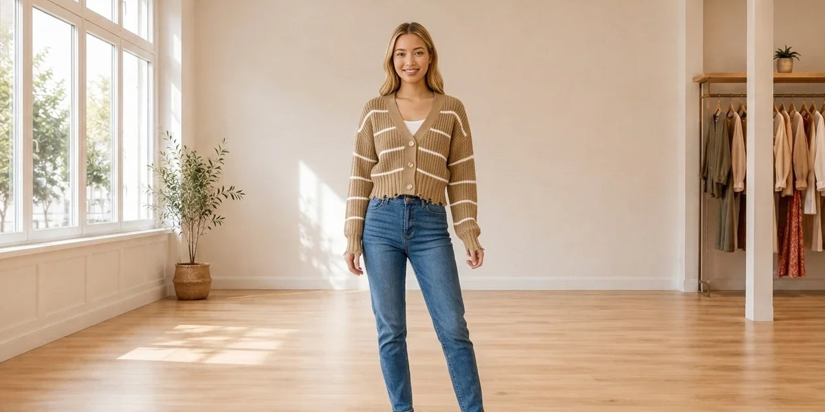 Model wearing Teen Medium Cardigans Teen Striped Cropped Cardigan (Young Women's Fit) in Online Warehouse Sale boutique studio