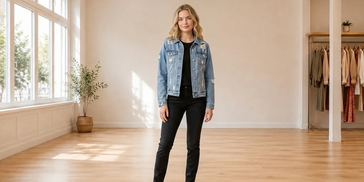 Model wearing Teen Medium Coats, Jackets and Blazers Teen Ripped Denim Jacket (Young Women's Fit) in Online Warehouse Sale boutique studio