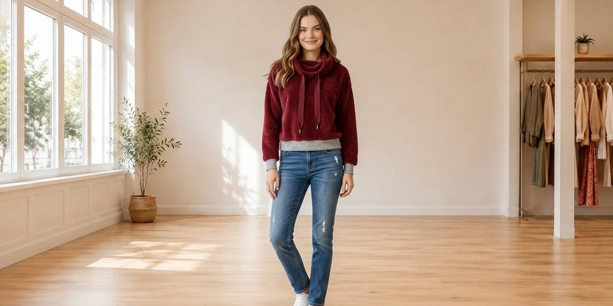 Model wearing Teen Medium Hoodies and Sweatshirts (Young Women's) Teen Faux-Fur Sweatshirt in Online Warehouse Sale boutique studio