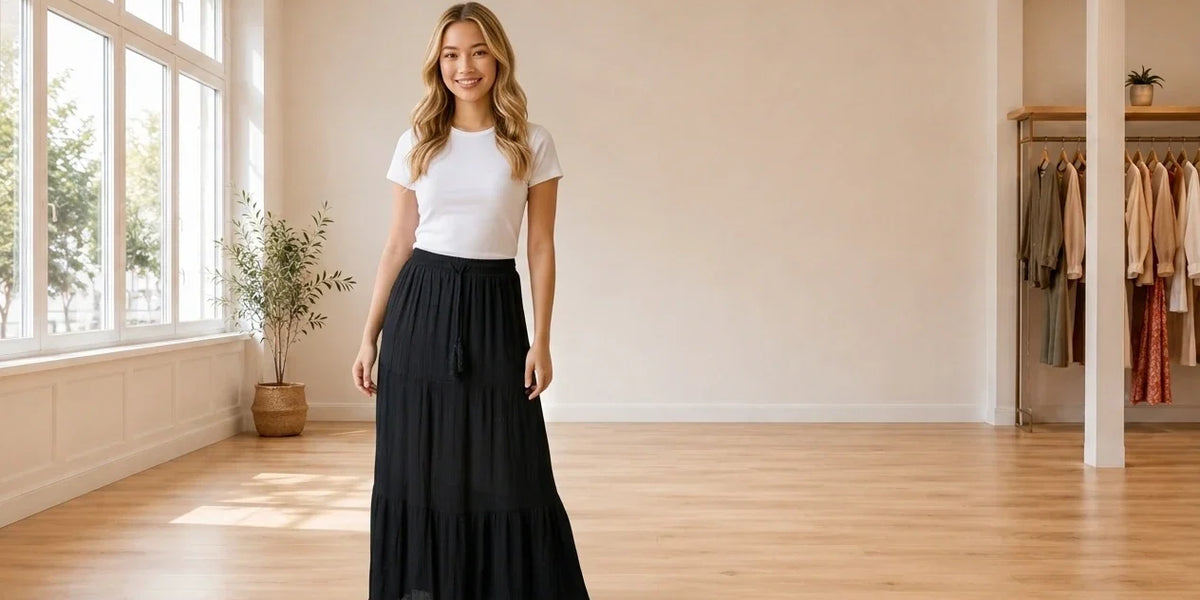 Model wearing Teen Medium Skirts Teen Tiered Crinkle Maxi Skirt (Young Women's Fit) in Online Warehouse Sale boutique studio