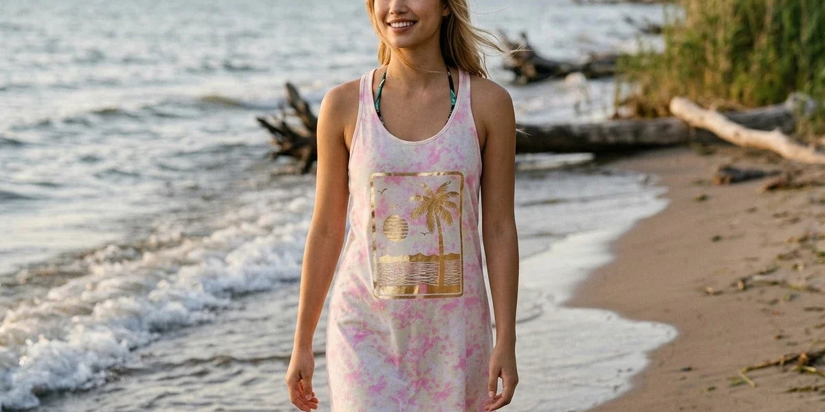 A woman stands on a sandy beach at sunset wearing a sleeveless white tankini-style dress with pink tie-dye swirls and a large rectangular tropical graphic on the front.