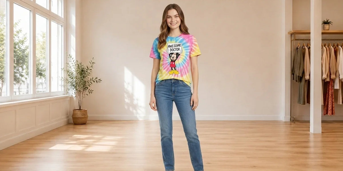 Model wearing Teen Medium T-Shirts Teen Peanuts Cotton Tie-Dyed T-Shirt (Young Women's Fit) in Online Warehouse Sale boutique studio