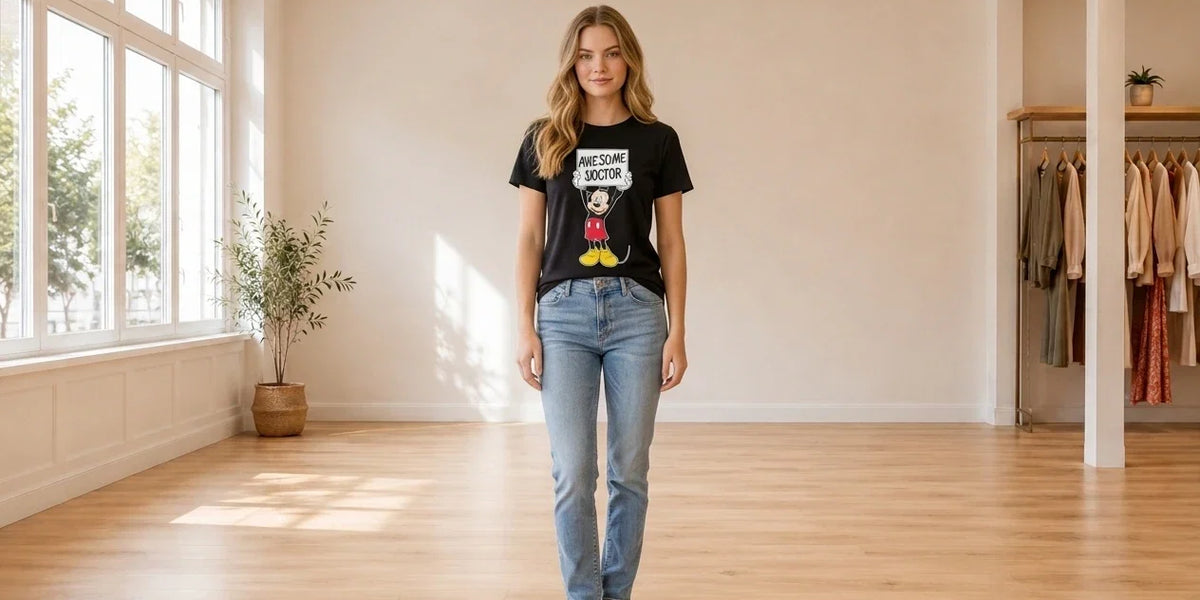 Model wearing Teen Medium Tops (Young Women's) Teen Classic Mickey Doctor Short Sleeve T-shirt in Online Warehouse Sale boutique studio