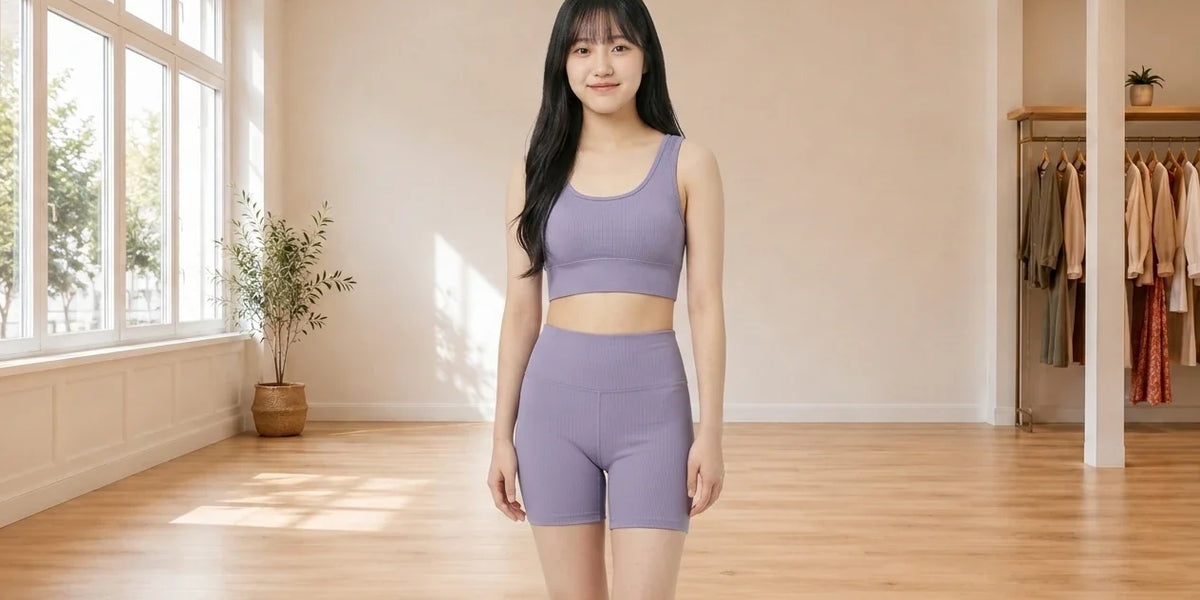 Model wearing Teen Small Bras knit bralette and matching shorts in Online Warehouse Sale boutique studio