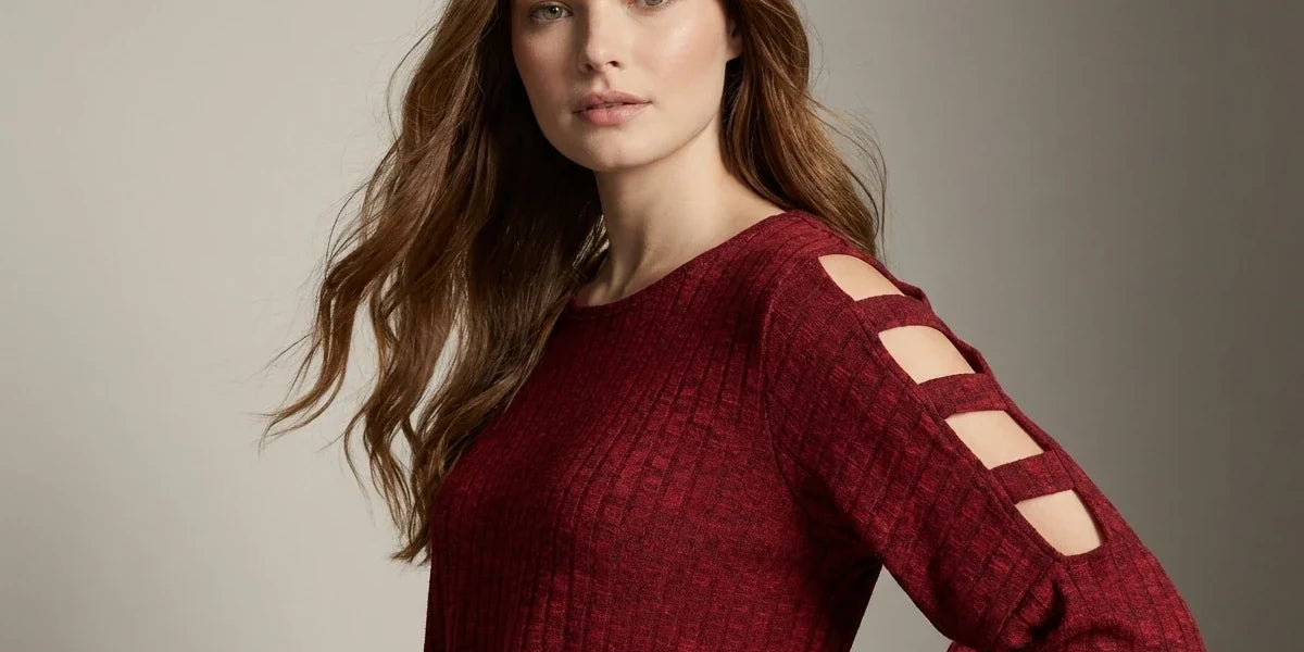 A woman wearing a textured burgundy knit sweater with cutout details on the sleeve, posed against a neutral gray studio background.