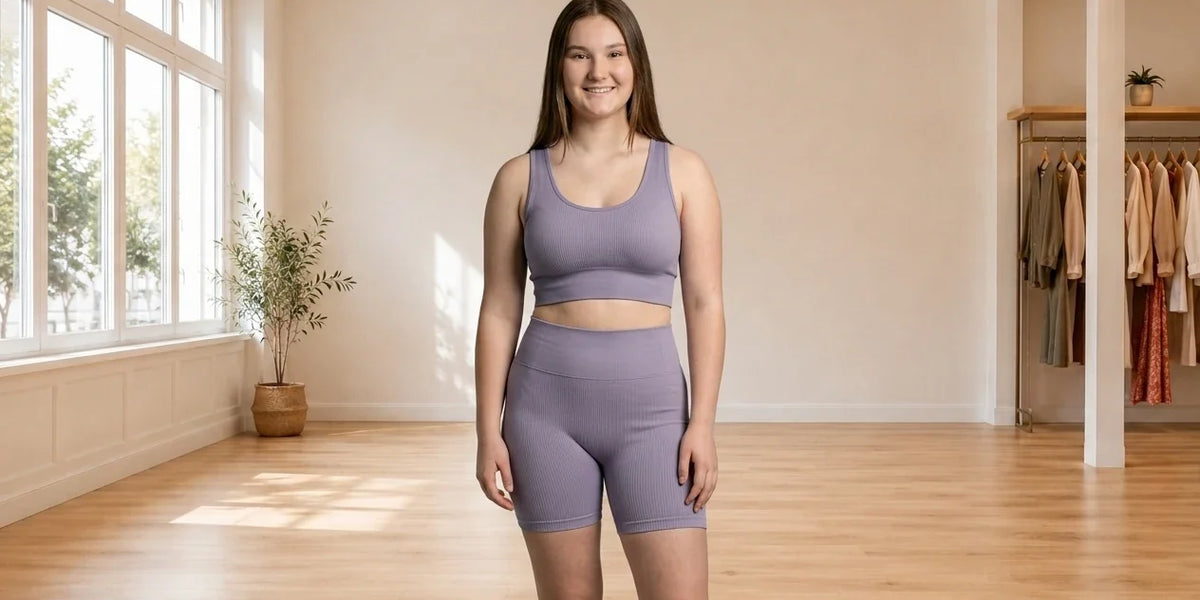 Model wearing Teen X-Large Bras lace-trim bralette and matching shorts in Online Warehouse Sale boutique studio
