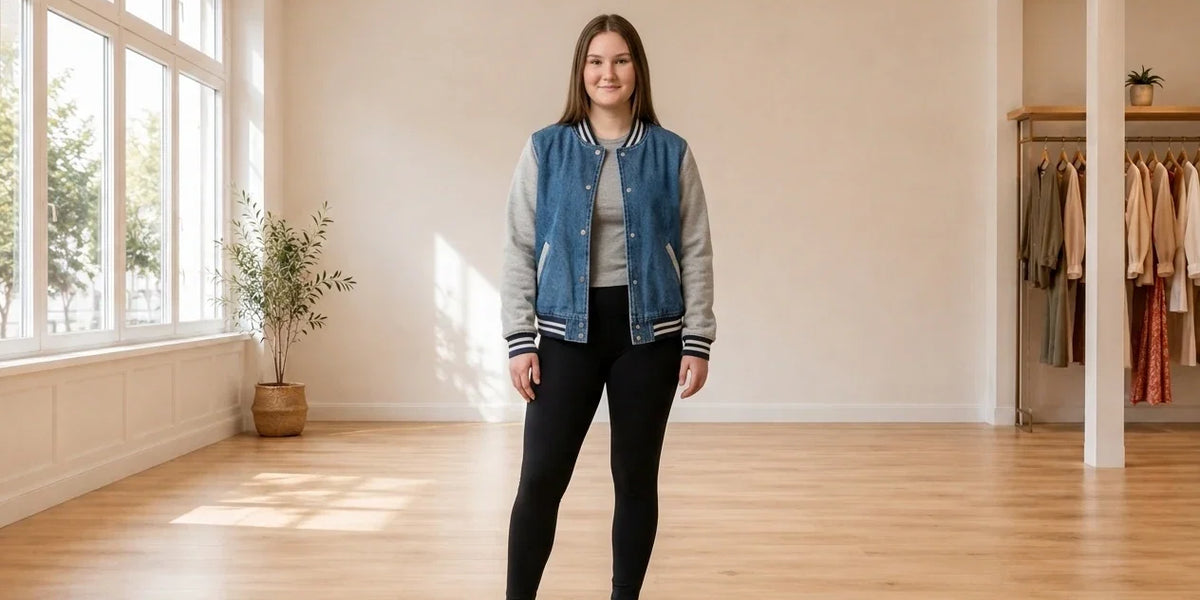Model wearing Teen X-Large Coats, Jackets and Blazers Teen Denim Varsity Jacket (Young Women's Fit) in Online Warehouse Sale boutique studio