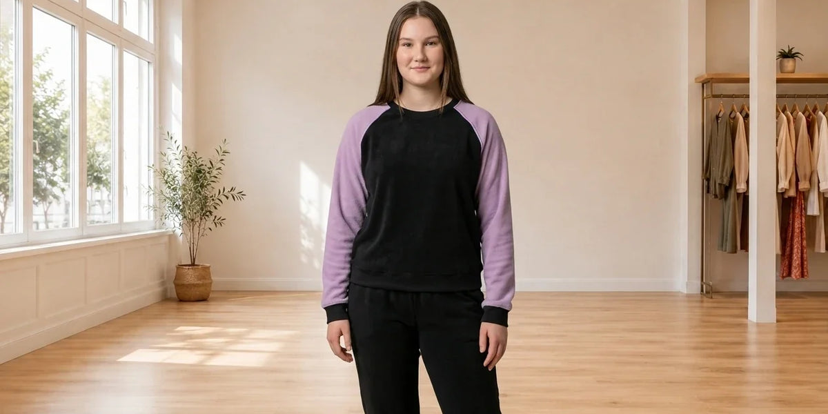 Model wearing Teen X-Large Loungewear and Pajamas Teen Piped Raglan Sweatshirt (Young Women's Fit) in Online Warehouse Sale boutique studio