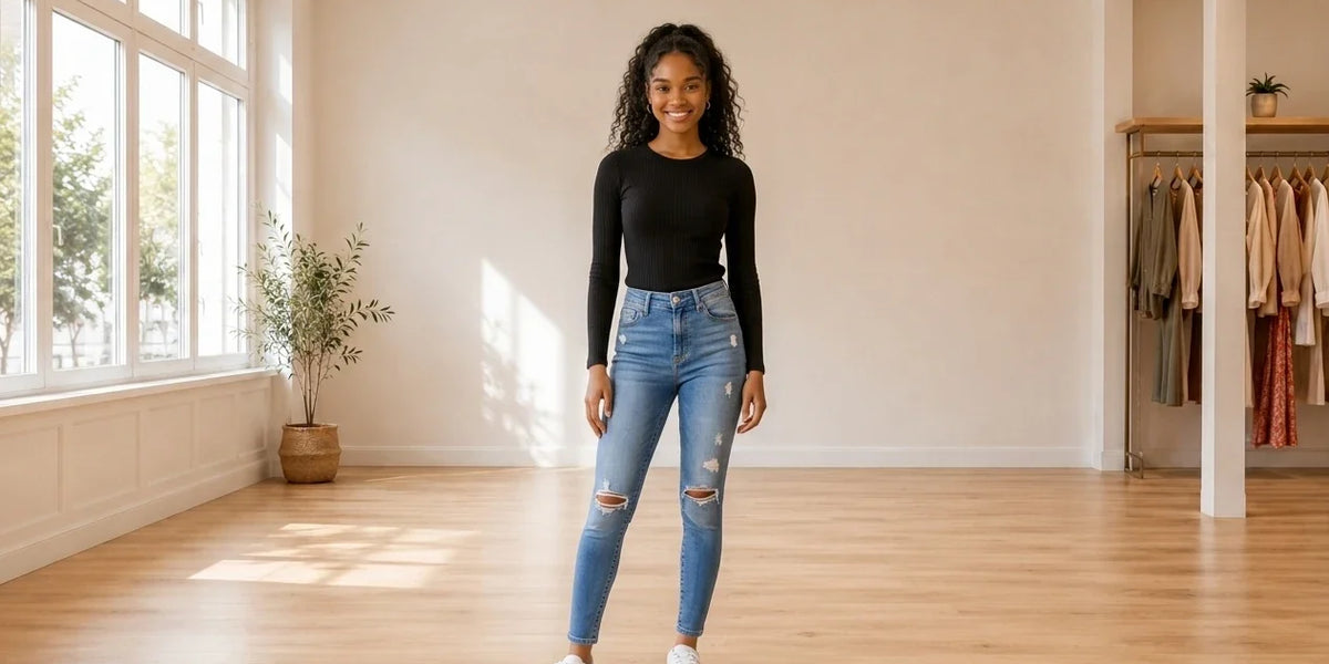 Model wearing Teen X-Small Bottoms (Young Women's) Teen Ankle Skinny Jeans in Online Warehouse Sale boutique studio