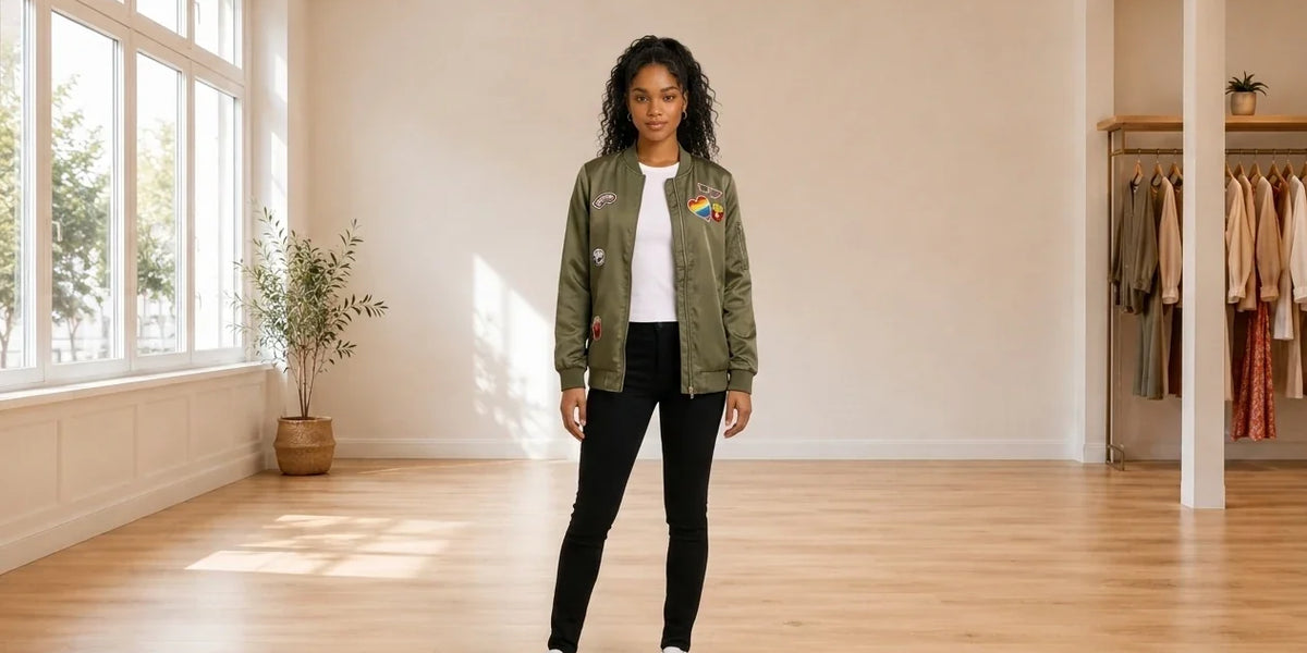 Model wearing Teen X-Small Coats, Jackets and Blazers Teen Patch-Trim Tunic Bomber Jacket (Young Women's Fit) in Online Warehouse Sale boutique studio