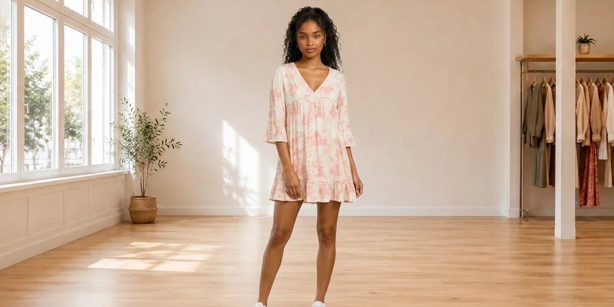 Model wearing Teen X-Small Dresses Teen Tie-Dyed A-Line Dress (Young Women's Fit) in Online Warehouse Sale boutique studio