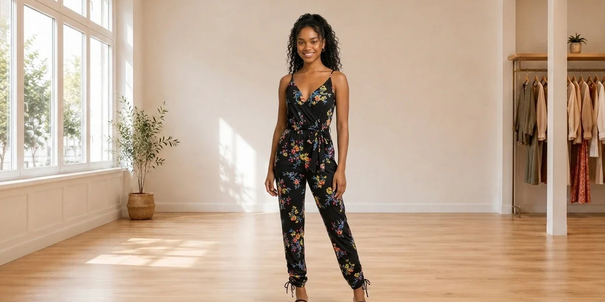 Model wearing Teen X-Small Jumpsuits and Rompers Teen Printed Ruched-Hem Faux-Wrap Jumpsuit (Young Women's Fit) in Online Warehouse Sale boutique studio