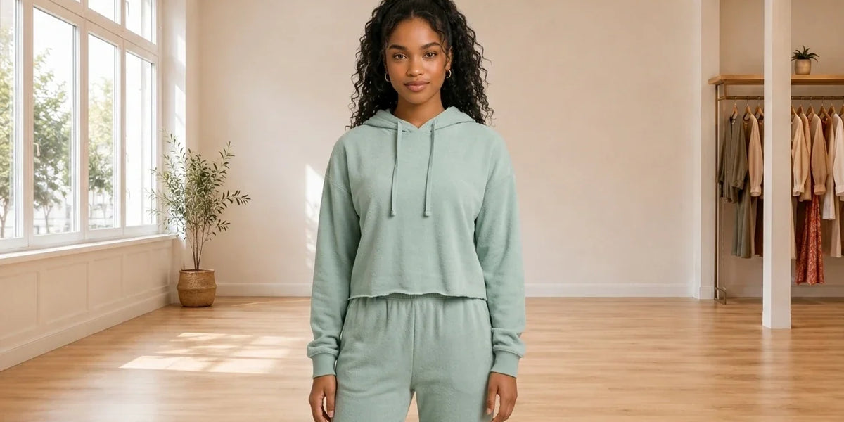 Model wearing Teen X-Small Loungewear and Pajamas Teen Cropped Terry Hoodie (Young Women's Fit) in Online Warehouse Sale boutique studio