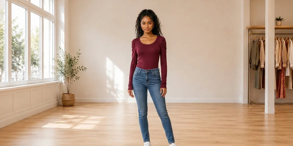 Model wearing Teen X-Small Tops (Young Women's) Teen Ruched-Sleeve Bodysuit in Online Warehouse Sale boutique studio