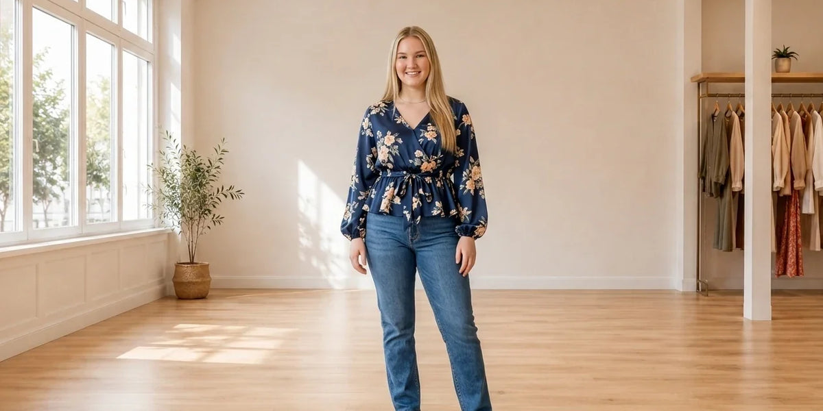 Model wearing Teen XX-Large Blouses Teen Floral Print Tie-Waist Blouse (Young Women's Fit) in Online Warehouse Sale boutique studio