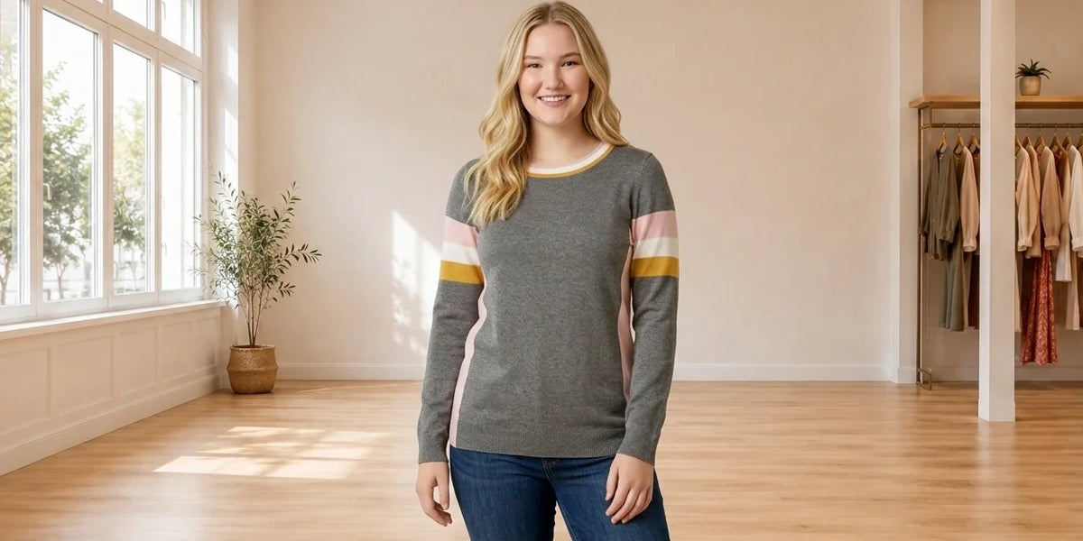 Model wearing Teen XX-Large Cardigans Teen Crew-Neck Colorblocked Sweater (Young Women's Fit) in Online Warehouse Sale boutique studio