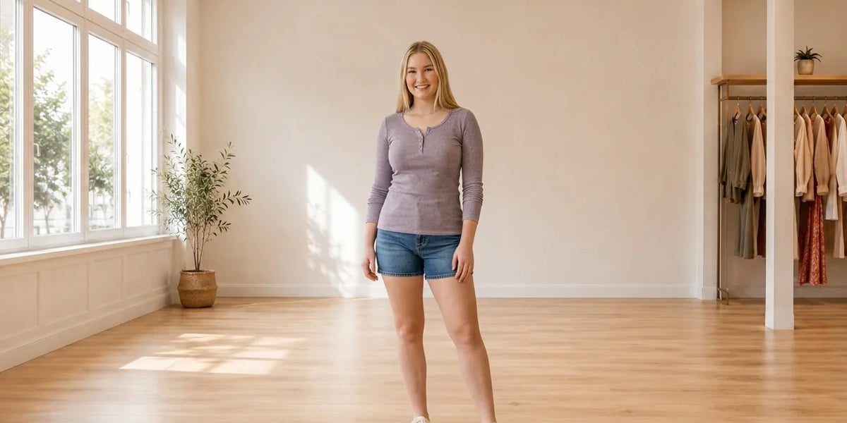 Model wearing Teen XX-Large T-Shirts Teen Rib-Knit Henley T-Shirt (Young Women's Fit) in Online Warehouse Sale boutique studio