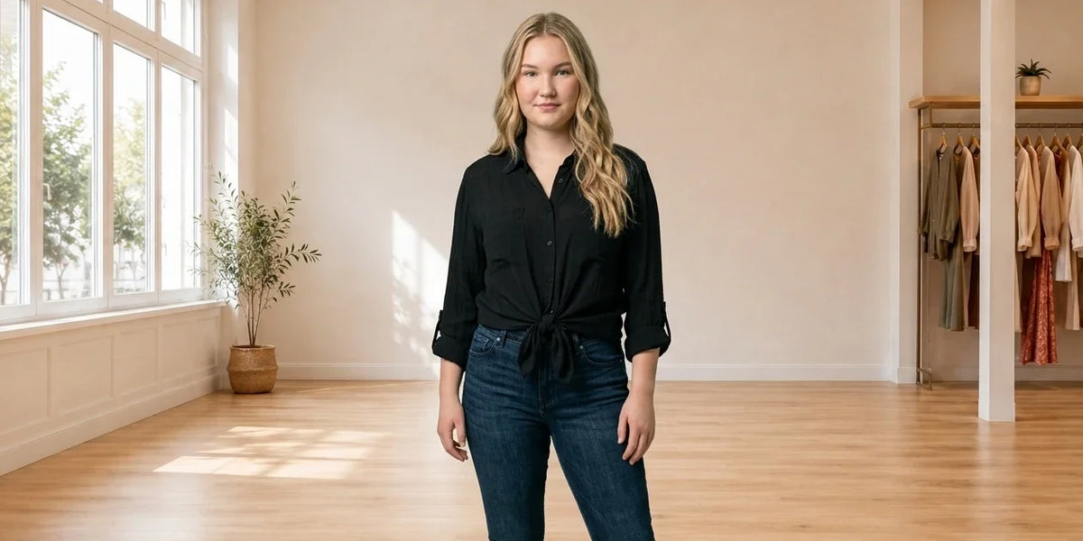 Model wearing Teen XX-Large Tops (Young Women's) Teen Tie-Front Utility Shirt in Online Warehouse Sale boutique studio