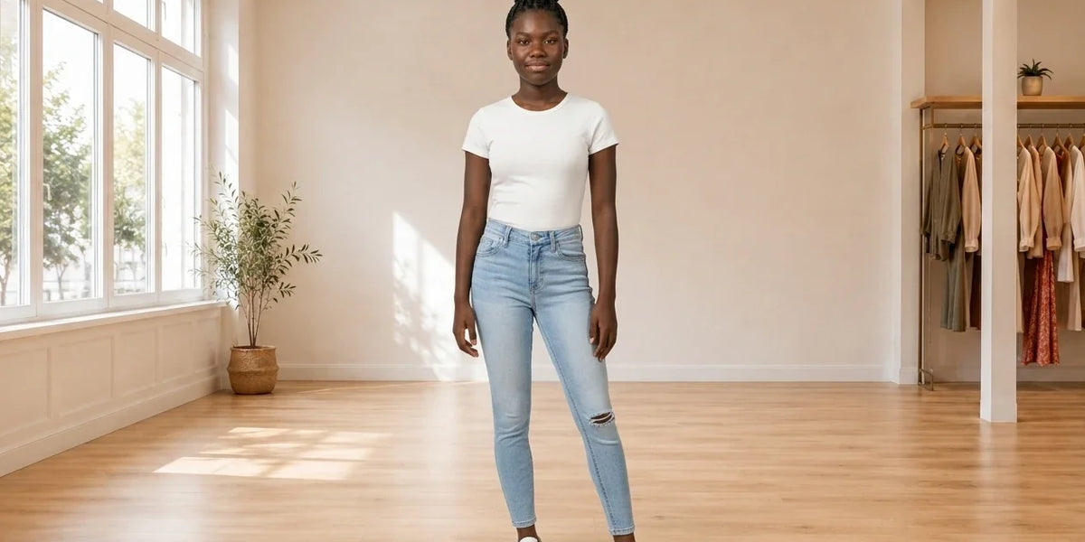 Model wearing Teen XX-Small Jeans (Young Women's) Teen Ripped Ankle Skinny Jeans in Online Warehouse Sale boutique studio