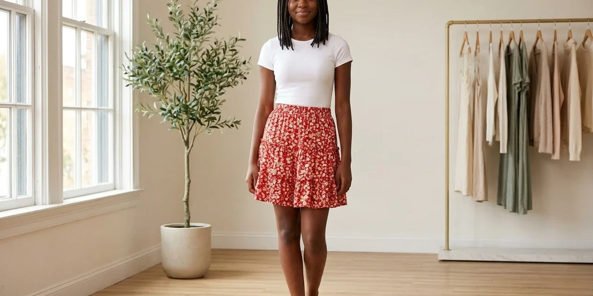 Model wearing Teen XX-Small Skirts Teen Printed Ruffle-Hem Skirt (Young Women's Fit) in Online Warehouse Sale boutique studio