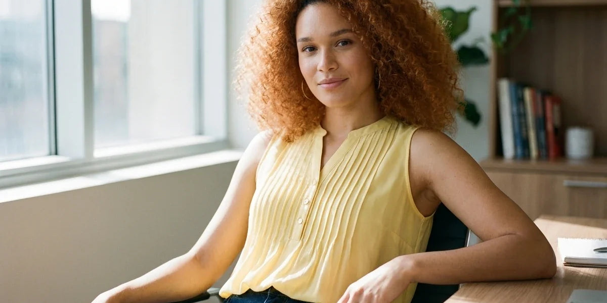 A woman with voluminous curly red hair sits at a wooden desk in a bright office, wearing a sleeveless yellow pleated top and dark blue jeans.