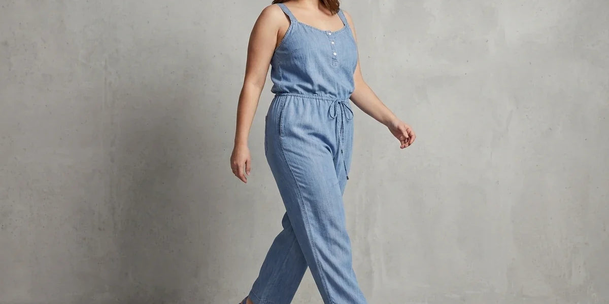 A woman modeling a light blue denim jumpsuit with a button-up front and drawstring waist, standing against a textured gray studio wall.