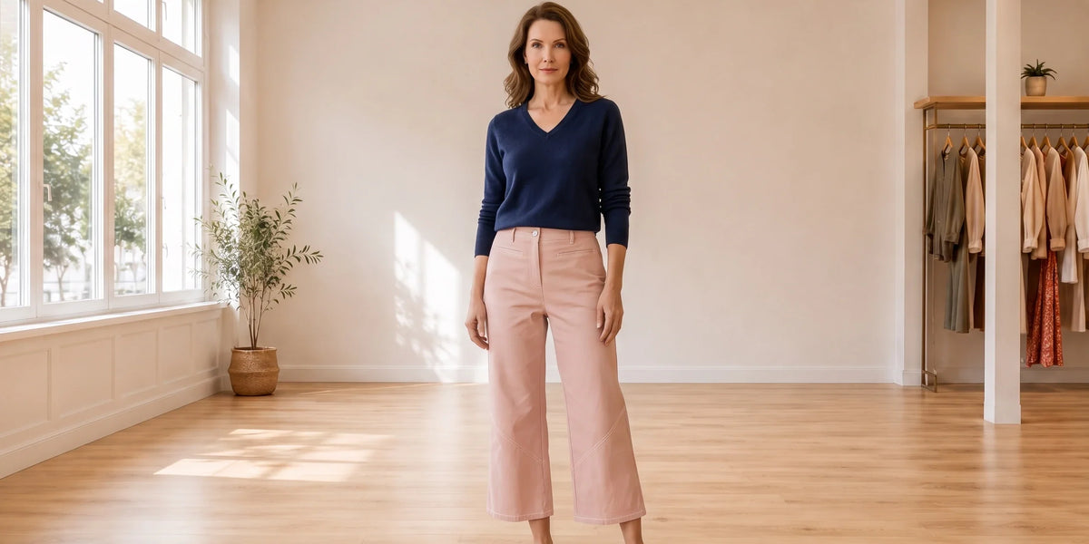A woman stands in a bright, minimalist studio wearing a white crewneck t-shirt, distressed denim shorts, and white sneakers.