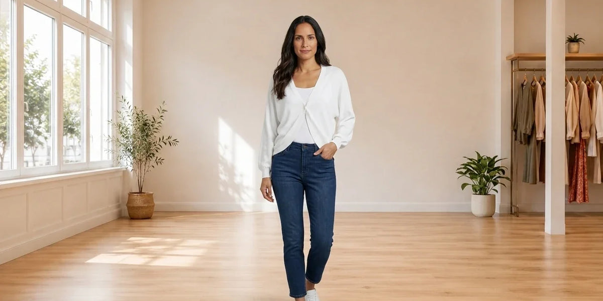 Model wearing Women's Large Cardigans Women's Button-Front Shrug in Online Warehouse Sale boutique studio