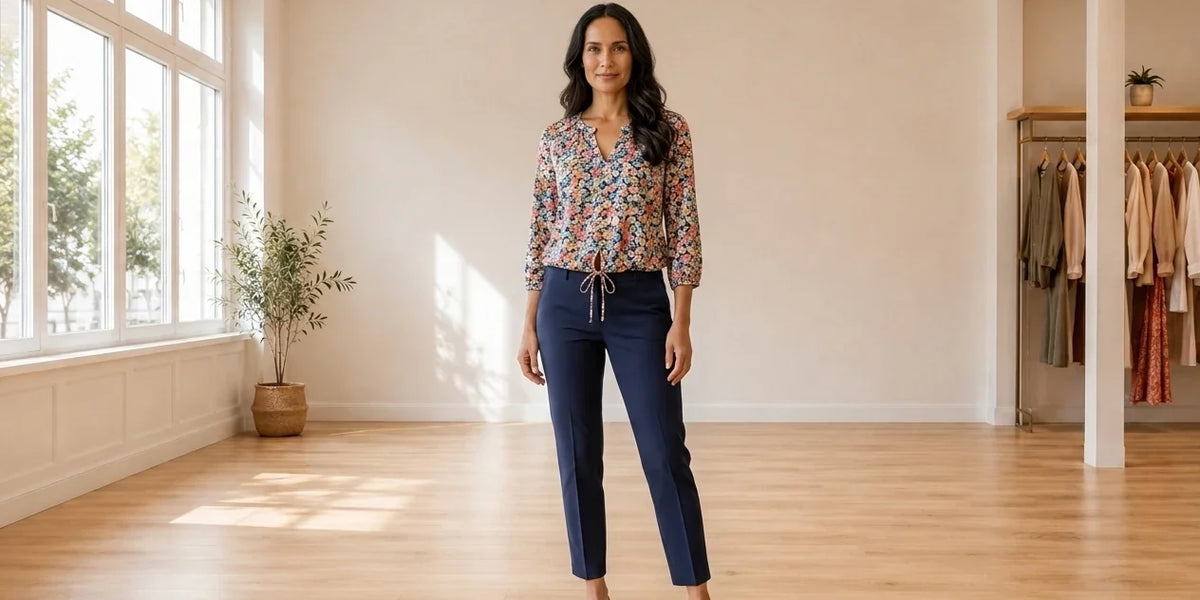 Model wearing Women's Large Clothing Women's Floral-Print Tie-Hem Top in Online Warehouse Sale boutique studio