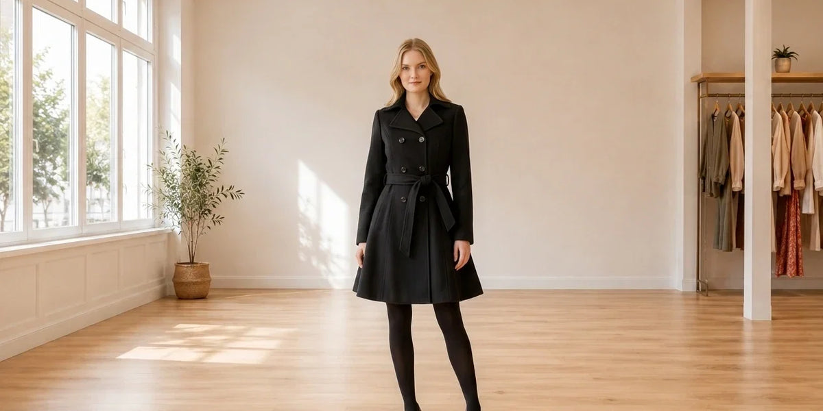 Model wearing Women's Large Coats, Jackets and Blazers Women's Skirted Walker Coat in Online Warehouse Sale boutique studio