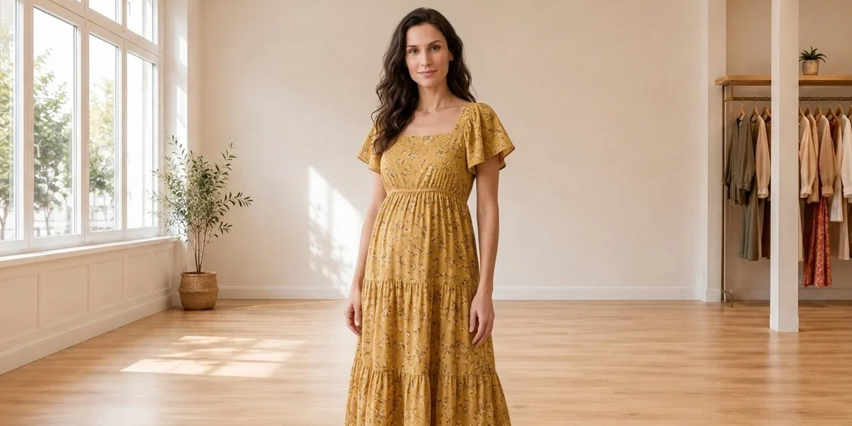 Model wearing Women's Large Dresses Women's Cotton A-Line Maternity Dress in Online Warehouse Sale boutique studio