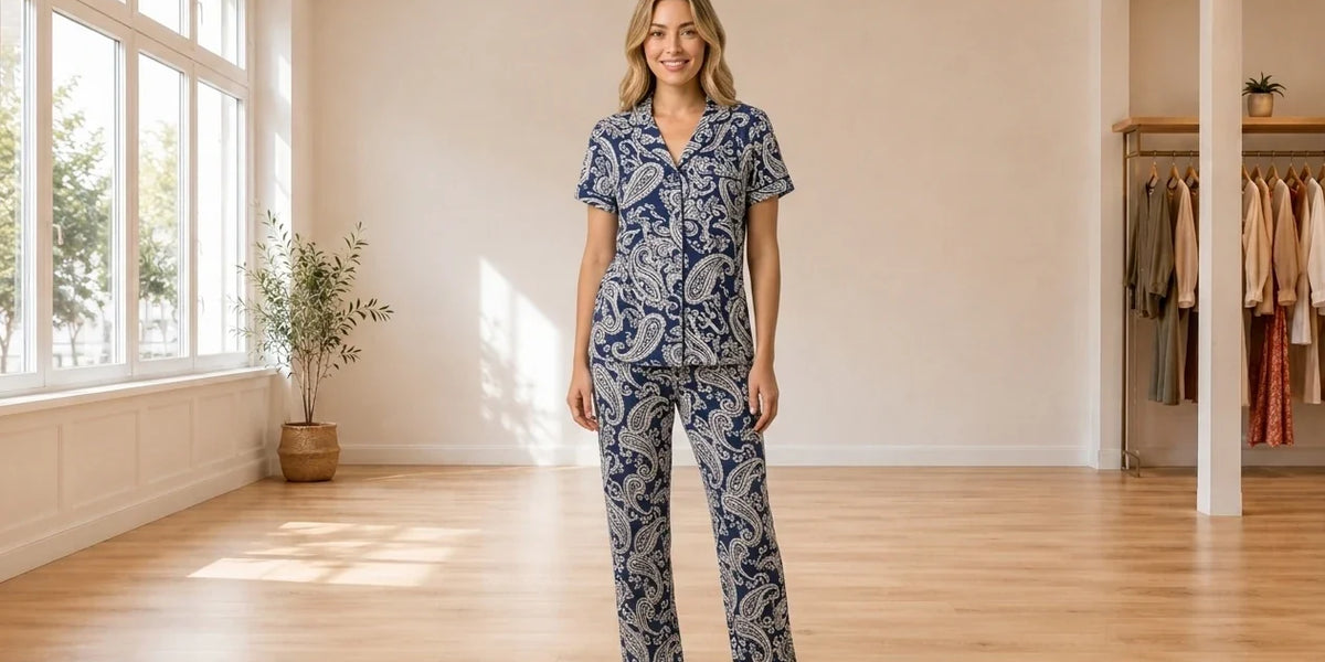 Model wearing Women's Large Loungewear and Pajamas Women's Cedella Paisely-Print Pajama Set in Online Warehouse Sale boutique studio