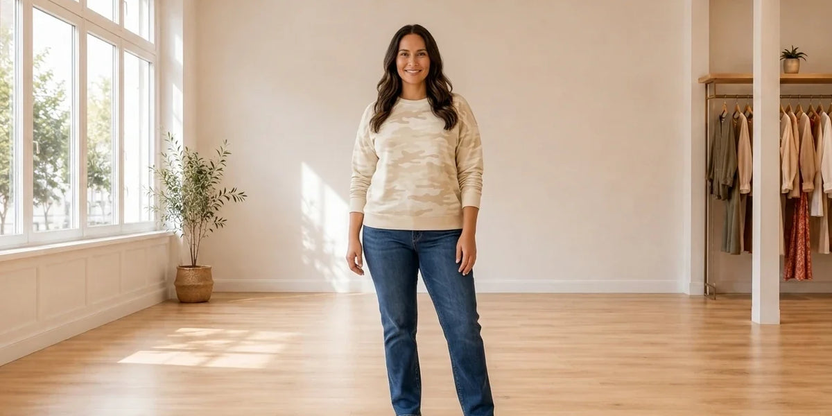 Model wearing Women's Large Sweaters and Cardigans Women's Printed Crewneck Sweatshirt in Online Warehouse Sale boutique studio