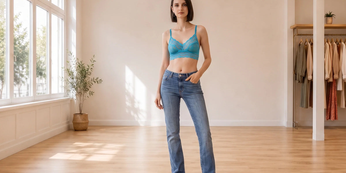 Model wearing Women's Medium Bras lace-trim bralette and matching shorts in Online Warehouse Sale boutique studio