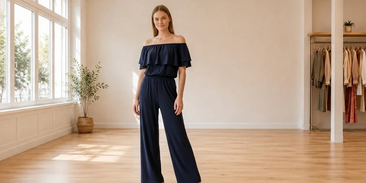 Model wearing Women's Medium Jumpsuits and Rompers Women's Off-The-Shoulder Blouson Jumpsuit in Online Warehouse Sale boutique studio